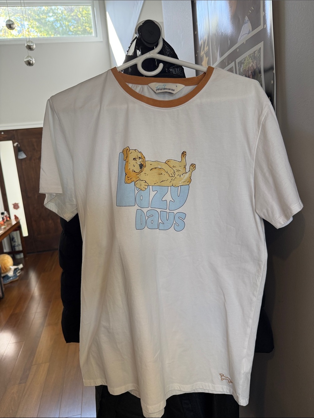 White Dog Graphic Tee with Tan Neck Trim - Lazy Days